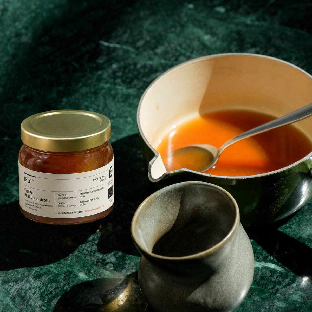 Organic Beef Bone Broth in a pot. Certified Organic, made from nordic raised cattle.